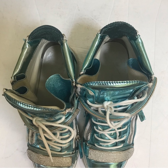 Giuseppe Zanotti Donna Metallic Patent Leather High Top Sneakers Shoes Crystals - Picture 17 of 17